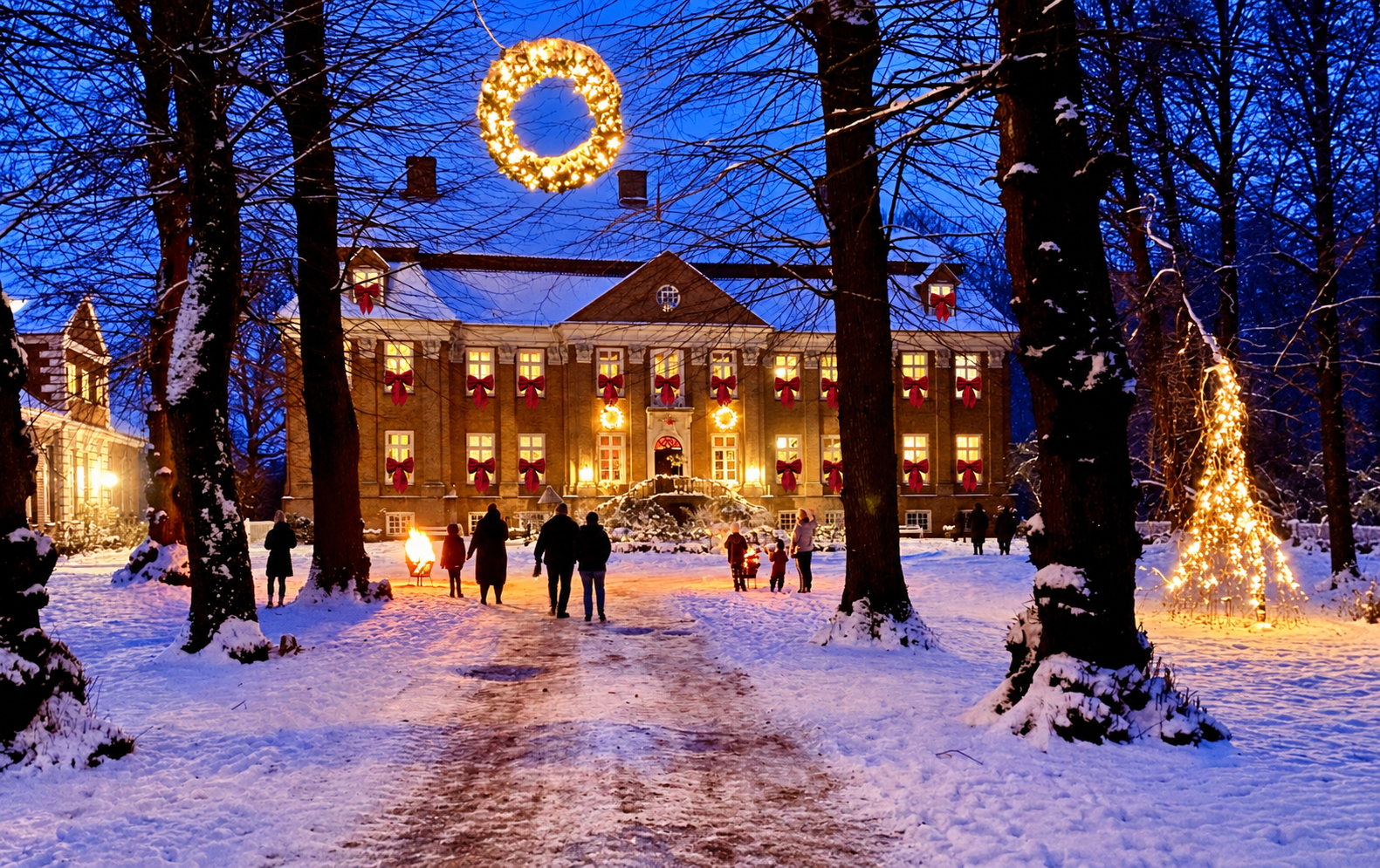 Gut Pronstorf im Schnee mit großen roten Schleifen an den leuchtenden Fenstern und Lichterkranz