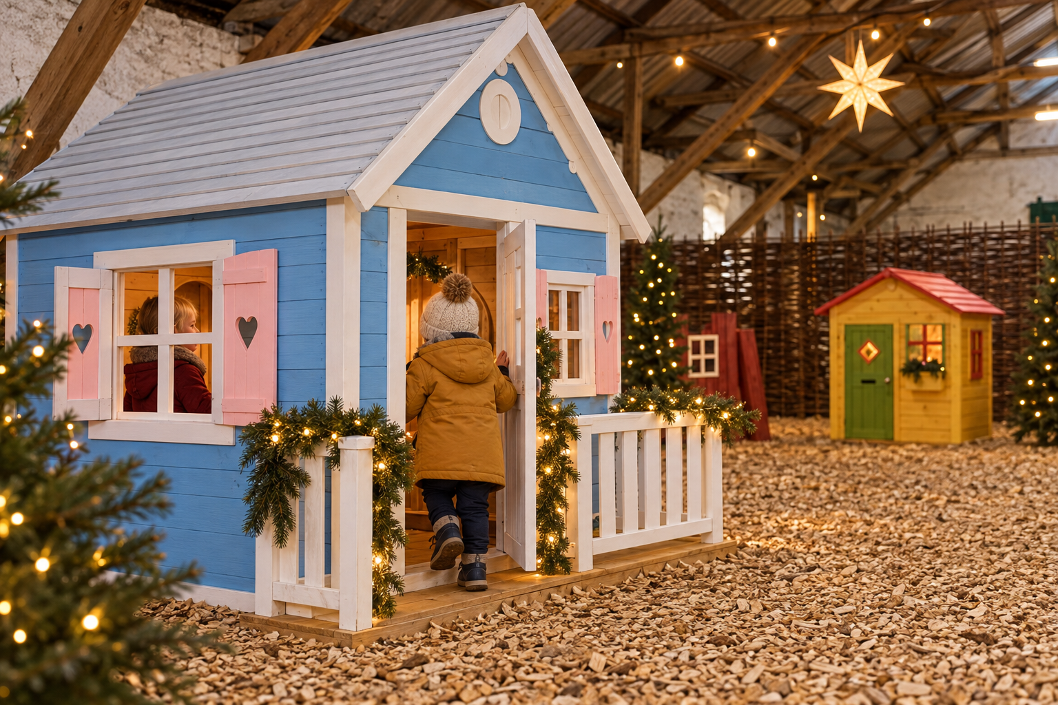 KI-Illustration: Kinder spielen in einem blauen skandinavischen Holzhaus in der weihnachtlich geschmückten Kinderscheune