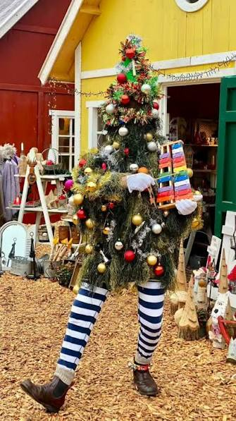 Der lebende Weihnachtsbaum mit bunten Kugeln, gestreiften Strümpfen und einem Xylophon vor den Holzhäusern